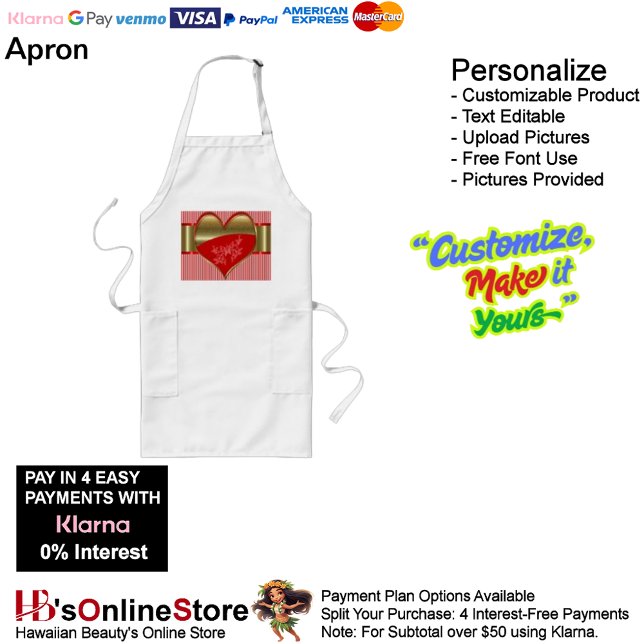 Avental Caixas de Corações Apron (Boxes of Hearts Kitchen Cooking Mess Free Standard Adult Apron.)