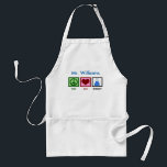 Avental Ciência feita sob encomenda do professor da<br><div class="desc">Se você é um cientista ou precisa um presente geeky para o nerd em seus vida,  características deste design personalizadas bonitos um sinal de paz,  coração,  e produtos químicos em uma taça em um avental personalizado para experiências da ciência.</div>