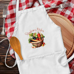 Avental Cozinha Personalizada de Cesta Vegetal, Bicicleta<br><div class="desc">avental de cozinha com design de legumes. Personalize com o nome do chef em um script vermelho de ferrugem acima do design. Uma cesta rústica transborda com vegetais de jardim. O avental branco, bib tem bolsos na frente. As cores são vermelhas, laranja, verdes e bronzeadas. Faz um belo presente para...</div>