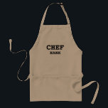 Avental Cozinhar de chef personalizados<br><div class="desc">Cozinhe em estilo com este Cozinhar de Chef Mens Personalizados Adultos Apron. É um design moderno e simples com o texto "chef" em letras negrito no centro da frente. O nome está em correspondência de letras menores abaixo do chef. CLIQUE EM PERSONALIZAR A OPÇÃO MODELO E DIGITE NOME ● DISPONÍVEL...</div>