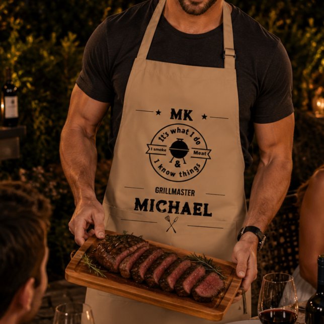 Avental É O Que Eu Faço Eu Fumo Carne & Eu Sei Coisas Engr (aprons personalized monogram initials monogrammed for him masculine BBQ funny dad chef gift )