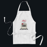 Avental Fogão retro/cozinha vermelha moderna personalizada<br><div class="desc">Um avental que caracteriza uma ilustração de um fogão bege retro com um pote vermelho que senta-se na parte superior.  O fogão está em um assoalho preto e branco.  Personalize o texto na parte superior.</div>