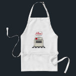 Avental Fogão retro/cozinha vermelha moderna personalizada<br><div class="desc">Um avental que caracteriza uma ilustração de um fogão bege retro com um pote vermelho que senta-se na parte superior.  O fogão está em um assoalho preto e branco.  Personalize o texto na parte superior.</div>