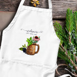 Avental Herbal Tea Brewer Kitchen Apron Com Bolsas<br><div class="desc">Um avental de cozinha branca com design de chá de ervas. "Bem-vindo, vamos tem chá" é o texto em azul roxo escuro. Uma caneca rústica de madeira contém uma coneflower roxa (echinacea), caule rosado e folhas de balão de limão. Morangos escuros espiam pela parte de trás da caneca. Personalize com...</div>