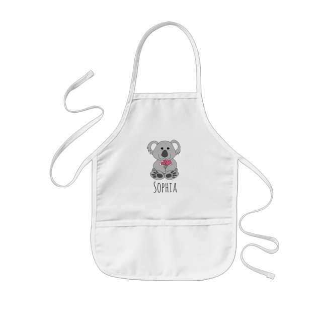 Avental Infantil Girls Cute Koala Bear Flores e Nome (Frente)