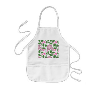 Avental Infantil Padrão floral rosa com folhas verdes