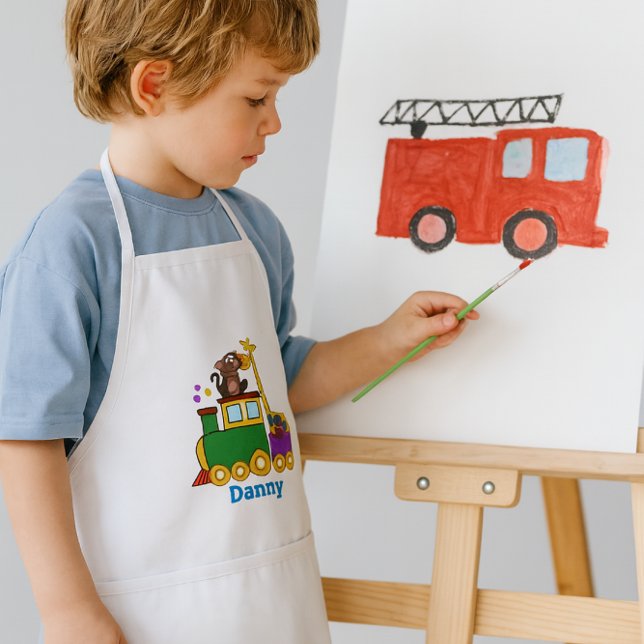 Avental Infantil Zoológico e Comboio de Brinquedos (Personalize Boys apron with name or other text.  This Apron features a choo choo train)