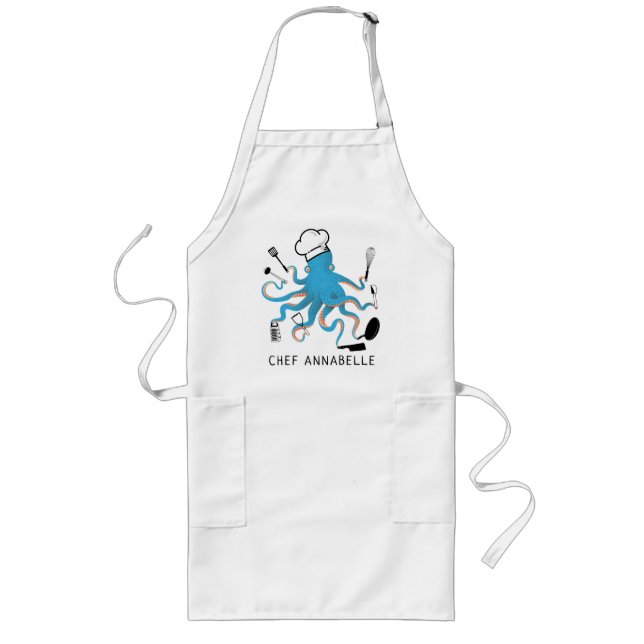 Avental Longo Azul Octopus Chef Personaliza Longo Apron (Frente)