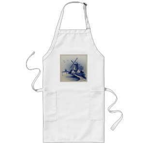 Avental Longo Azul Vintage Delft Moinho de Vento Branco