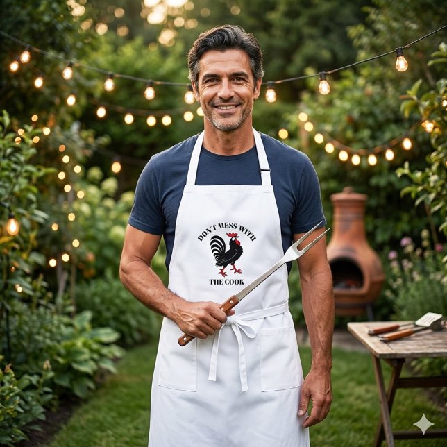 Avental Longo Cartoon Engraçado Chef Cook Rooster Apron (Portuguese rooster cartoon apron with a funny Don't mess with the cook text or custom text)