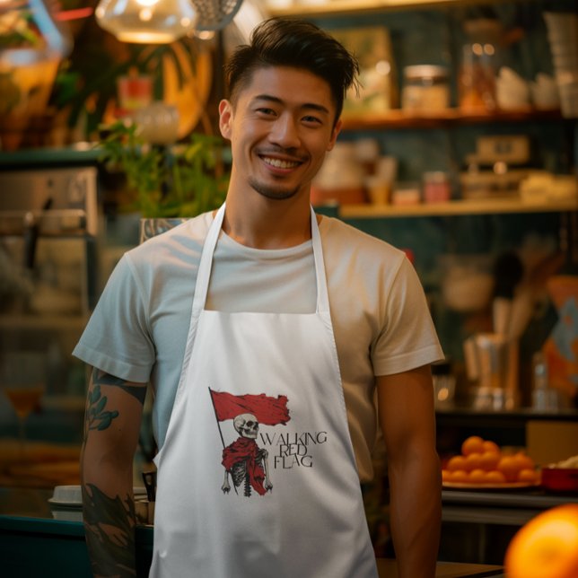 Avental Longo Esqueleto de Sinalizador Vermelho Ancorando | Humo (Walking red flag tattoo-inspired skull design apron)