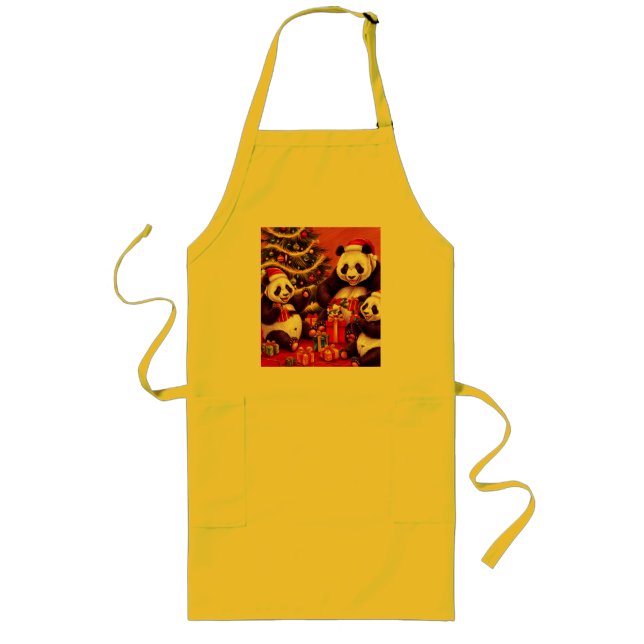 Avental Longo Família De Pandas Abrindo Presentes De Natal (Frente)