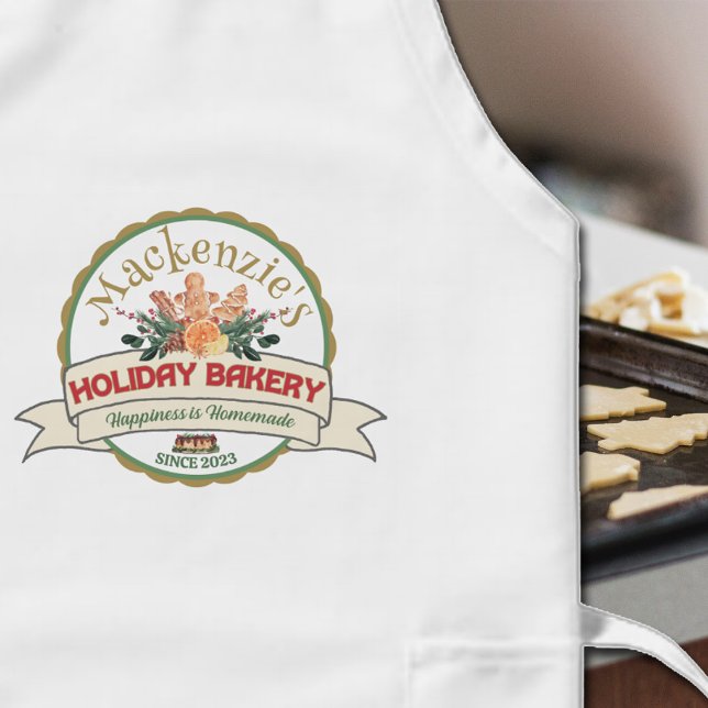 Avental Longo Felicidade natalícia é logotipo de padaria caseira (Festive Christmas baking apron with your personalized Holiday Bakery logo.)