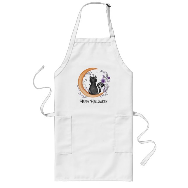 Avental Longo Gato Negro e Lua Crescente para Feliz Halloween (Frente)
