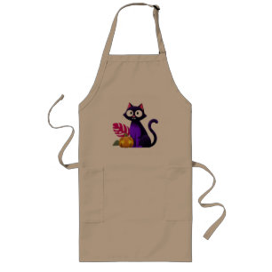 Avental Longo Gato Preto de Desenho Animado Sentado com Jack O L