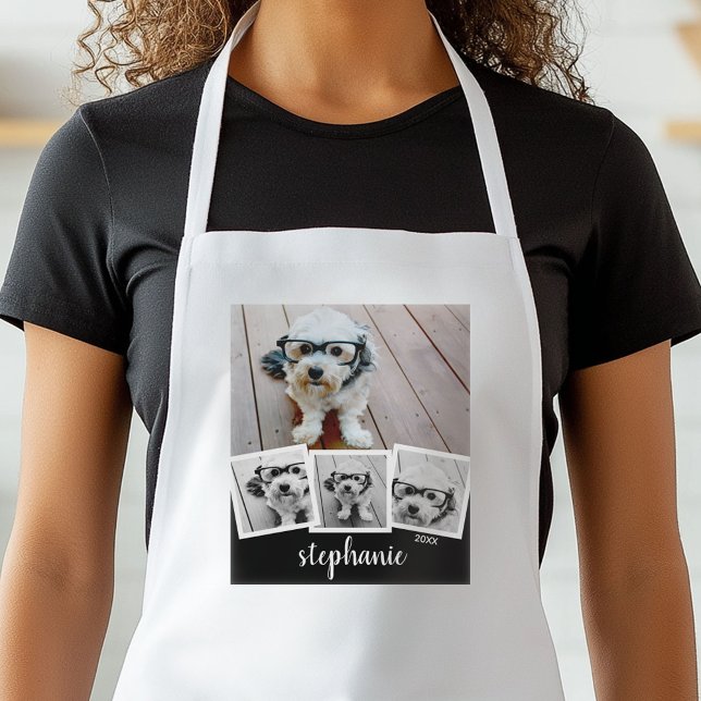 Avental Nome do Script de Colagem de 4 Fotos Branco Preto  (Personalized Kitchen Apron)