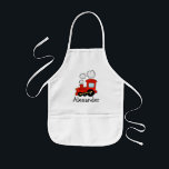 avental para crianças personalizadas | trem de sel<br><div class="desc">Crianças personalizadas avental com o trem vermelho de seleção de brinquedos. Design de vetor de locomotiva para rapazes. Tema ferroviário para pequenos condutores. Artes divertidas e artesanatos / pinturas para crianças. Em branco bege e amarelo. Festa de aniversário de presente.</div>