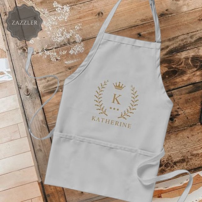 Avental Personalizar o nome e o monograma Dourado preto in (Customize Name & Initial Black White Gold Monogram Adult Apron)