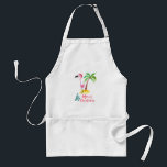 Avental Pink Flamingo In A Santa Hat By A Palm Tree Xmas<br><div class="desc">An apron with a cute illustration of a pink flamingo in a red santa hat. Standing beside a green palm tree on a mound of yellow sand. A fancy swirly christmas tree design is placed beside the text Merry Christmas. Written in the color pink in a fancy handwritten font. Pastel...</div>