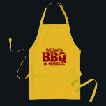 Avental Placa de CHURRASCO personalizada para homens | Ama<br><div class="desc">Um avental de CHURRASCO personalizado para homens. Amarelos vermelhos quentes. O CHURRASCO e a grelha do Mike. Nome personalizável Legal ideia de presente de churrasco ao ar livre para pai,  tio,  marido,  avô,  irmão etc. design de grelhar excelente para amantes de carne.</div>
