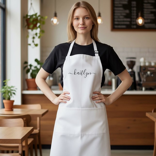 Avental Presente de Nome de Script Moderno para sua Person (Custom name script white apron.)