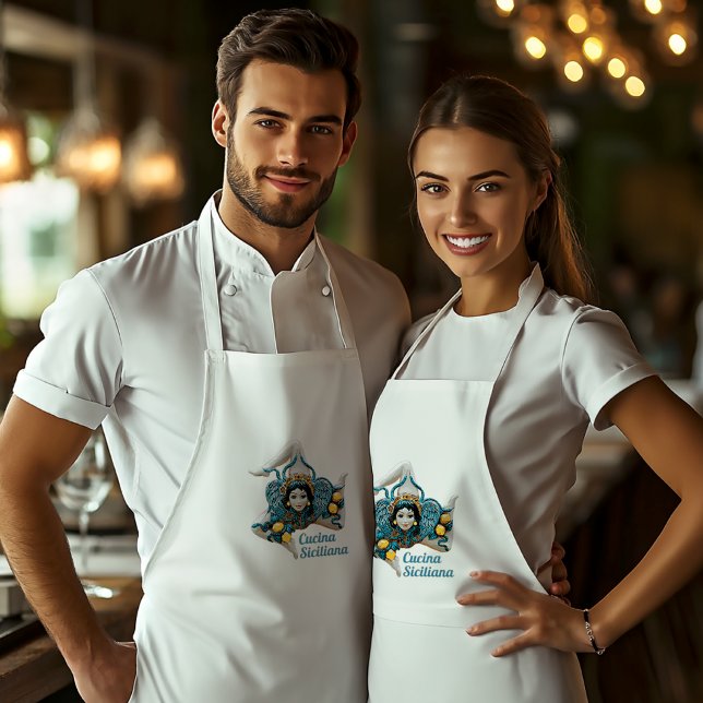 Avental Sicilian Trinacria Medusa -Symbol of Sicily (Trinacria Medusa - Symbol of Sicily on White Chef's Apron
"Cucina Siciliana" can be customized)