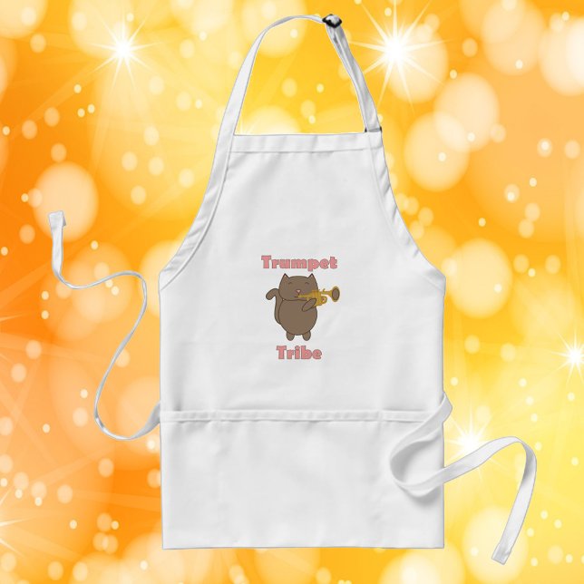 Avental Trumpet Tribe Brown Cat Pink (An apron featuring a brown cat playing the trumpet and the text trumpet tribe)