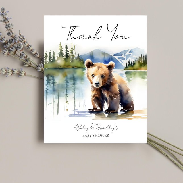 Aventura de filhote de urso aguarda agradecimento  (Adventure awaits bear cub baby shower thank you card watercolor cute baby bear Alaska wilderness )