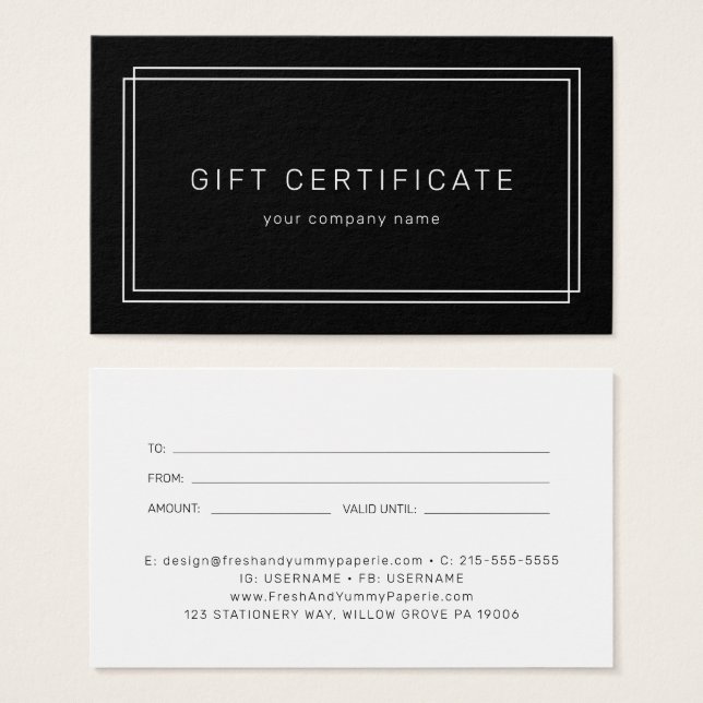 AVERY Modern Black Business Gift Certificate (Frente & Verso)