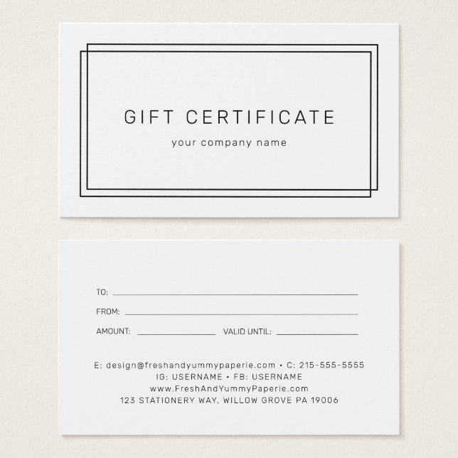 AVERY Modern Minimalist Business Gift Certificate (Frente & Verso)