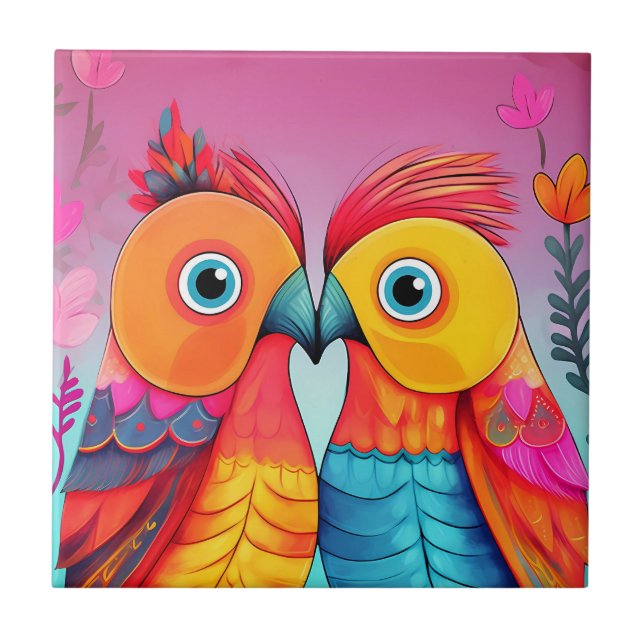 AVES DE AMOR CASAMENTO DE AZULEJO DE ARTE PARROTA (Frente)