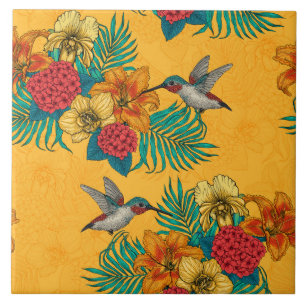 Aves e buquês tropicais em amarelo