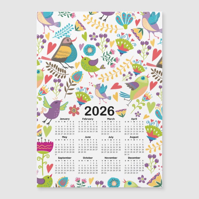 Aves e Flores Multicoloridas do Calendário 2026 (Frente)