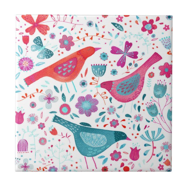 Aves em uma Aquarela de Garden Folk Boho (Frente)