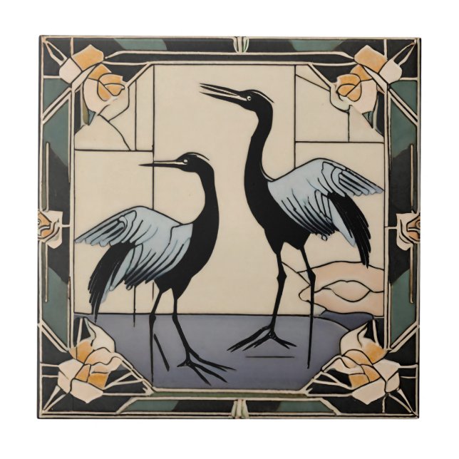 Aves Gruas Flores Arte Deco Nouveau Decorativo (Frente)