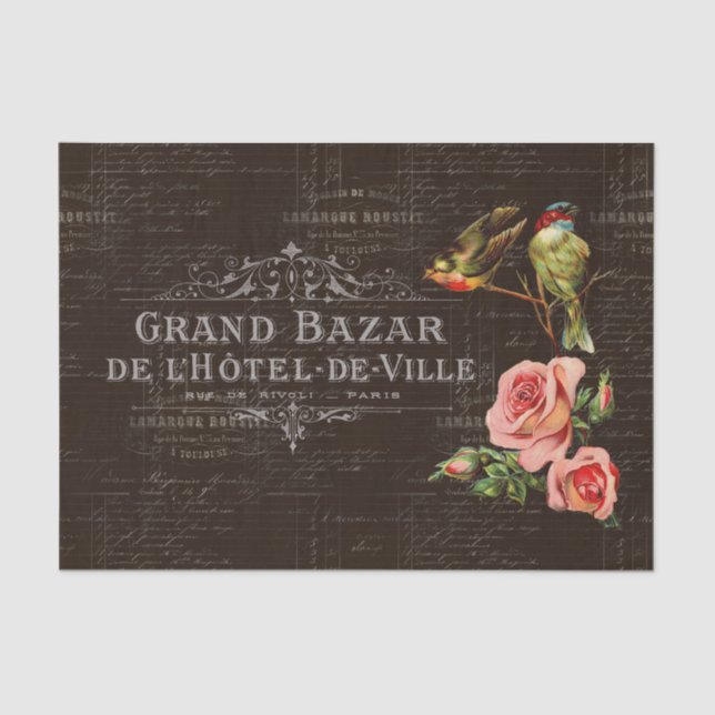 Aves Vintage Rosas Papel Tecido Escuro Francês (Frente )