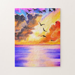 Aves Voadoras sobre o Quebra-cabeça do Sol do Mar