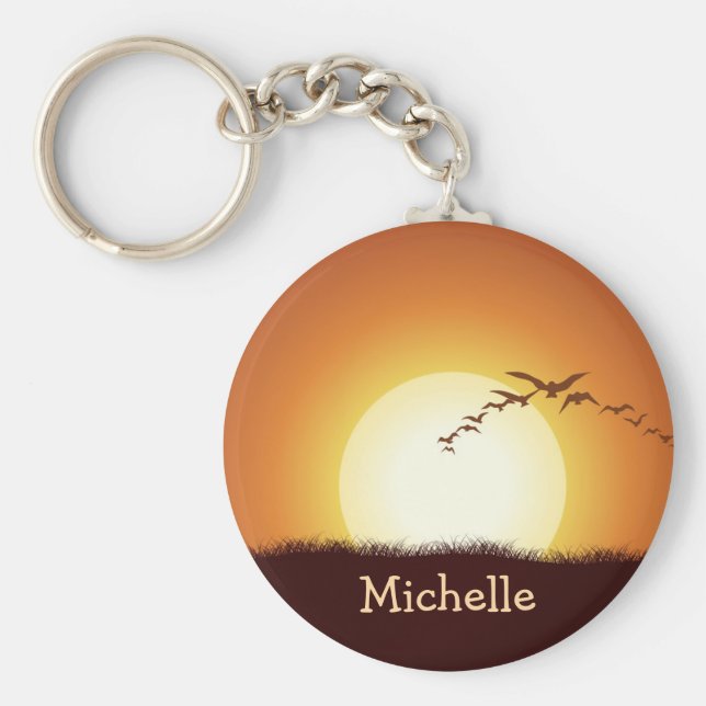 Aves voando no Sunset Personalizado Chaveiro (Frente)