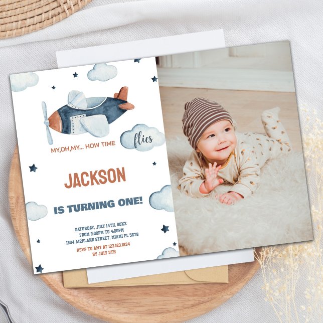 Avião Aniversário Cinza Convites Castanho com foto (Airplane Birthday Invitations Gray Brown w photo)