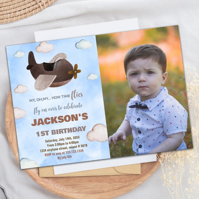Avião Aniversário Convites Azul Marrom W Foto (Airplane Birthday Invitations Blue Brown W Photo)