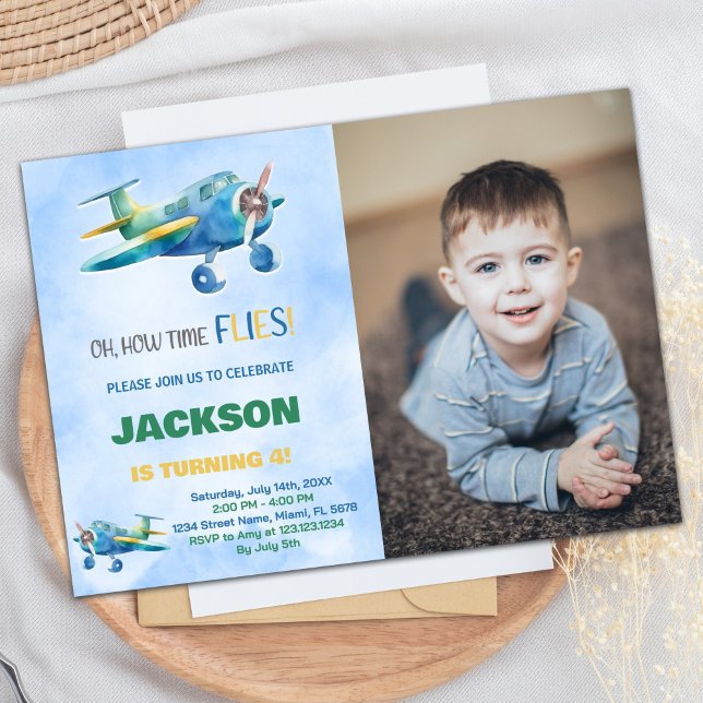 Avião Aniversário Convites Azul Verde w Foto (Airplane Birthday Invitations Blue Green w photo)