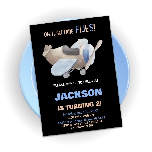 Avião Convites de Aniversário Cinza Negra Castanha (Airplane Birthday Invitations Brown Gray Black)