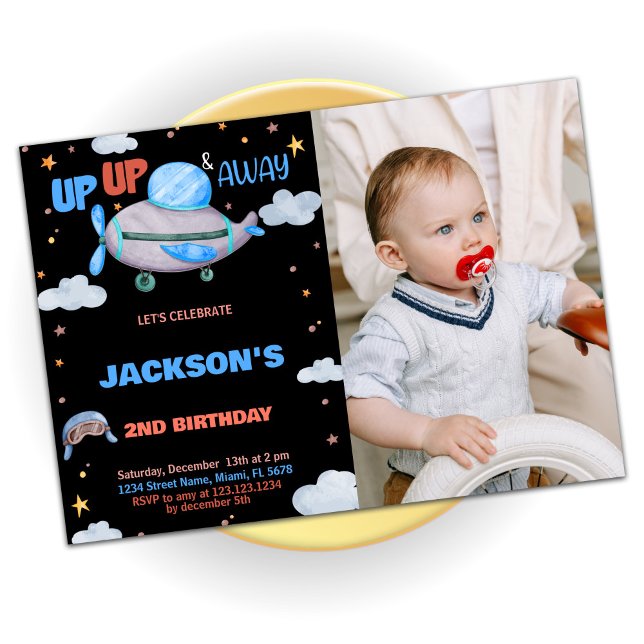 Avião - Convites de Aniversário Marrom com foto (Airplane Birthday Invitations Brown with photo)