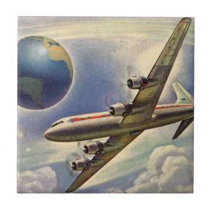 Avião Vintage Voando ao redor do mundo em nuvens