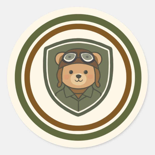 Aviator Bear Militar Redondo Clássico Adesivo (Frente)