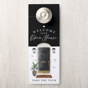 Aviso De Porta Bem-vindos Open House Black Watercolor Porta front