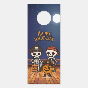 Aviso De Porta bonitinho, esqueletos e abóbora no Halloween