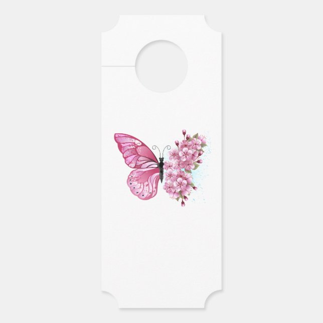 Aviso De Porta Borboleta Flor com Sakura Rosa (Frente)