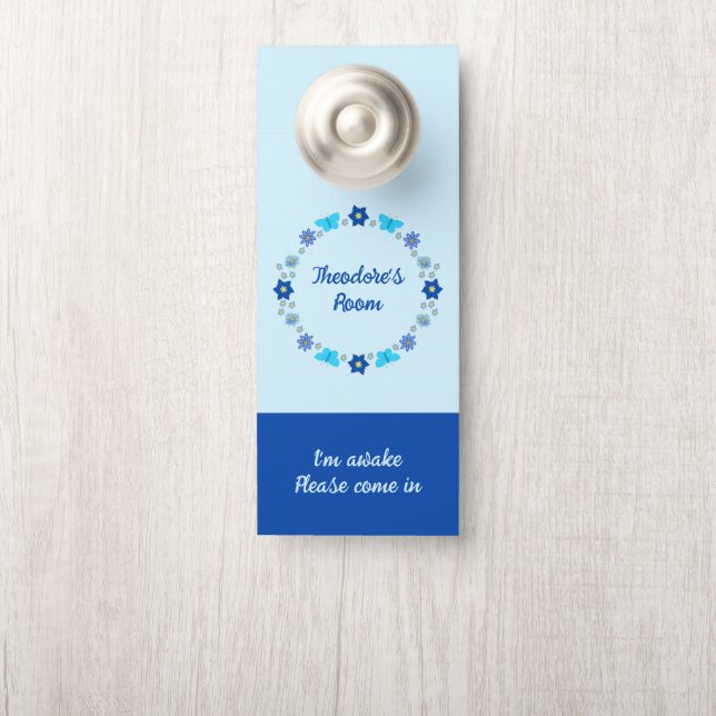 Aviso De Porta Borboletas e flores do menino azul (Na maçaneta)