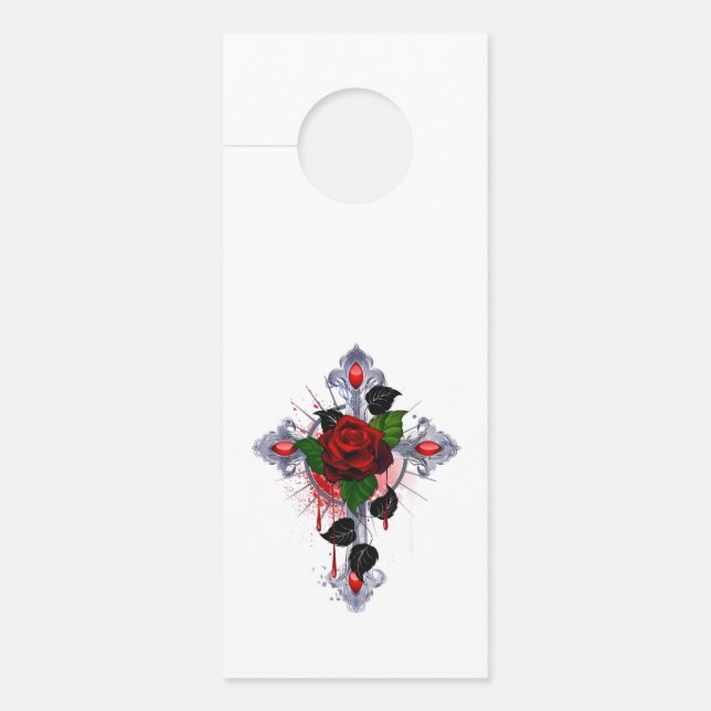 Aviso De Porta Cruz de Prata com Rosa vermelha (Frente)